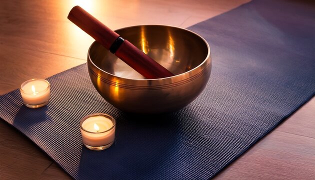  A sound bowl on a yoga mat with soft candlelight.