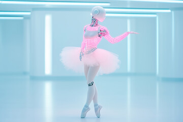 Graceful performer embodies the elegance of ballet with a futuristic twist in a high-tech setting