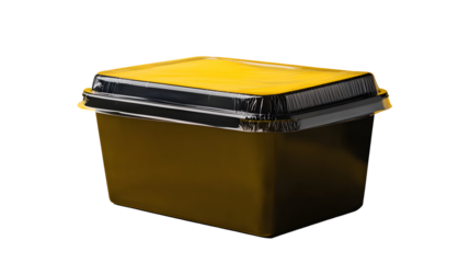 A close-up view of a black and yellow sealed food container, ideal for meal prep and takeaway food storage.
