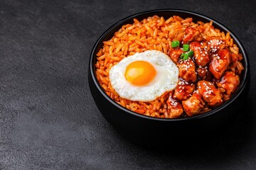 Delicious rice bowl with chicken, fried egg, and garnished with greens on a dark background.