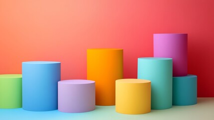 Vibrant, colorful cylindrical shapes arranged in ascending order against a bold, gradient background for creative projects.