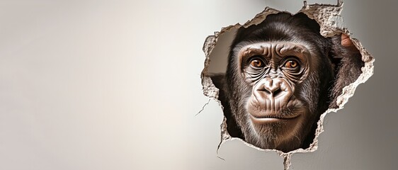 Colourful poster, banner with gorilla animal ,peeking out of hole with space for text, long background, texture.