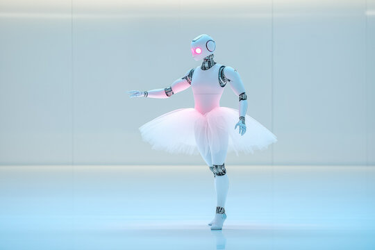 Innovative performance by a futuristic ballerina robot glowing with grace in a minimalist studio setting