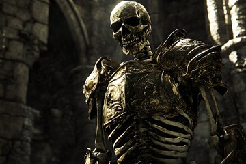 Dark Fantasy Skeleton Knight:  Golden Armor, Ancient Ruins