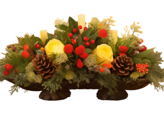 Christmas decoration Festive Holiday Centerpiece, Rustic Arrangement with Pine Cones, Citrus, and Berries ,PNG file isolated on transparent background ,cut out, clipping path, close up, high quality
