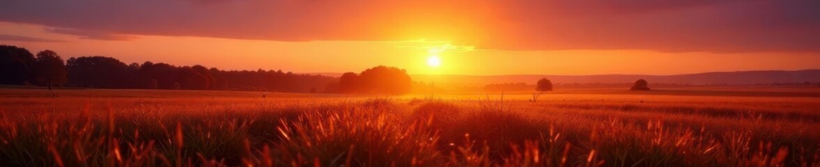 Fototapeta premium Golden meadow sunset, long shadows, orange to purple sky transition, photography, evening