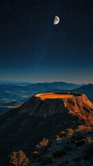 Crater on Napa Valley hilltop under starry sky, hills, moon phase