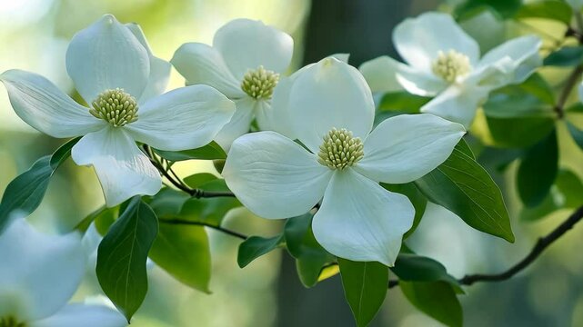 Beautiful white dogwood flowers blooming on a sunny day in a lush green forest setting