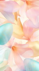Fototapeta premium Easter pastel and golden eggs with tropical exotic flowers on soft pastel background