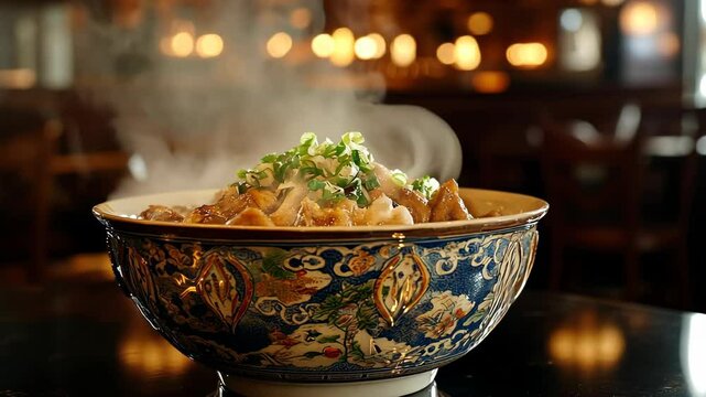 Delicious steaming bowl of gourmet ramen served in elegant blue patterned ceramic bowl at a cozy restaurant