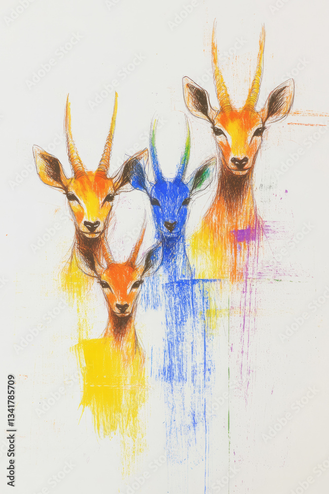 Poster delicate pastel rendering of a family of antelopes, softly interconnected shapes capturing a gentle