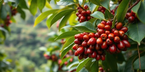 Obraz premium Lush coffee plantation, ripe coffee cherries on branch, drink, sustainability