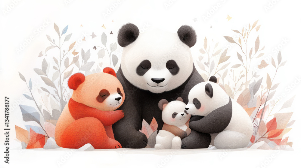 Poster pastel artwork featuring a family of pandas, softly interwoven geometric forms symbolizing calm and