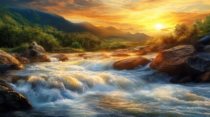 Obraz premium Breathtaking Sunset Over Mountain River with Gentle Flowing Water