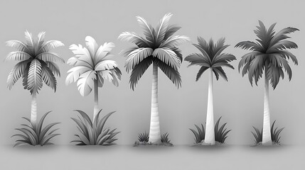 Five grayscale palm trees, various heights and styles.