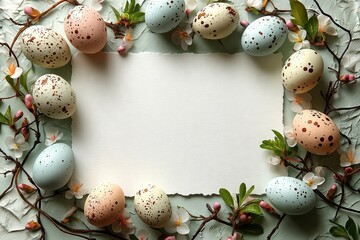 Obraz premium Horizontal Blank Paper Surrounded by Elegant Easter Egg Arrangement and Springtime Blossoms