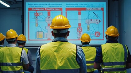 A group of construction workers wearing safety vests and helmets attentively watches a training presentation. concept of workforce training, professional development, and industrial education.