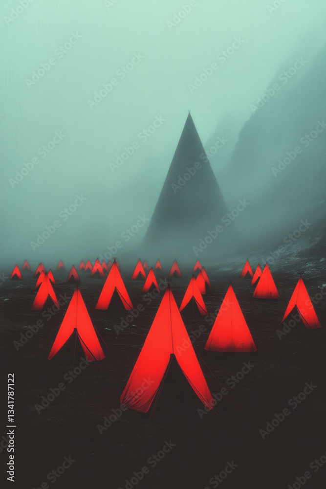 Poster stylized image of scientific tents arranged in geometric formations in the arctic, emphasizing