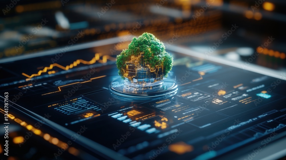 Poster A Lush Green Tree Encased in a Transparent Orb on a Digital Interface Displaying Complex Data Visualizations Symbolizing Nature and Technology Harmony