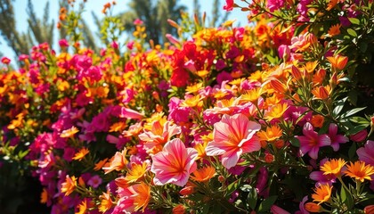 Obraz premium Sun-drenched floral thicket, vibrant blooms bursting with color, landscape, day
