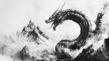 Fototapeta premium A large black dragon flies over snowy mountain peaks