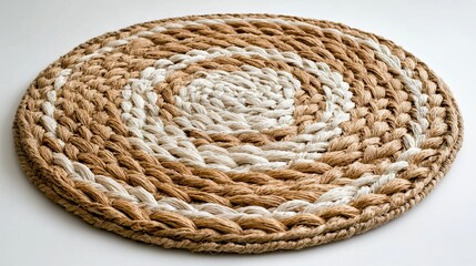 Obraz premium Circular braided rug in natural tones, showcasing a warm and inviting texture.