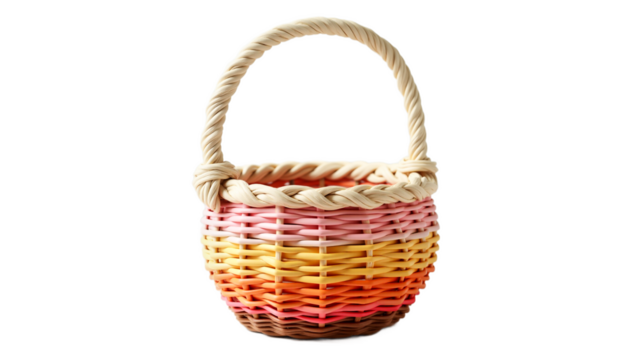 Woven gradient basket isolated on transparent background. Cheerful handmade wicker basket in warm hues for decoration, gifts, or product display. Detailed craftmanship. - Powered by Adobe