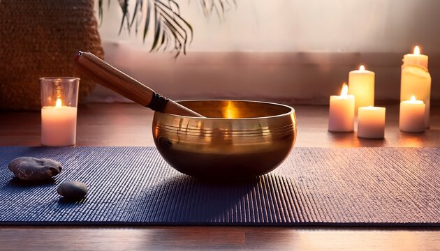  A sound bowl on a yoga mat with soft candlelight.