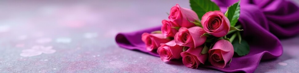 Freshly picked miniature roses tied to a velvet purple scarf, miniature rose stems purple scarf, fresh rose arrangement, delicate rose bunches