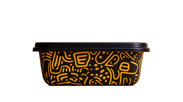 A black food container with a yellow abstract pattern, ideal for premium snack packaging and takeaway branding.
