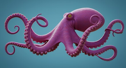 Fototapeta premium Magenta Octopus Floating Elegantly on Blue Background - Sea Life Illustration