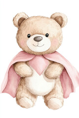 Obraz premium Cute watercolor vintage style teddy bear wearing a soft pink superhero cape clipart, baby nursery wall art print for kids' room decor, neutral colors on a white background