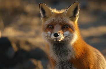 Red fox portrait, sunset, rocky terrain, wildlife