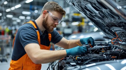 Factory worker connecting high-voltage cables in an EV powertrain system, safety gear visible