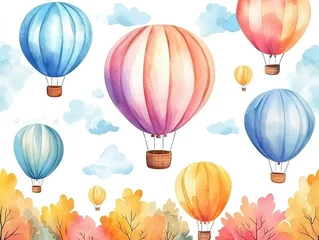 Poster Hot air balloon festival in scenic autumn landscape colorful art illustration vibrant environment aerial view