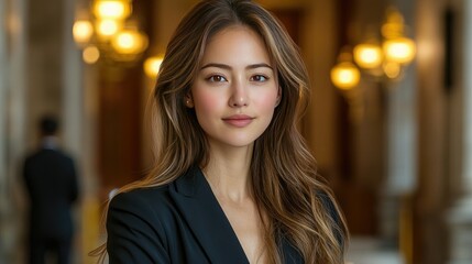 Obraz premium Confident woman in elegant blazer, lobby background