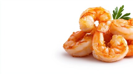Fresh cooked shrimp arranged with a sprig of parsley on a white background.
