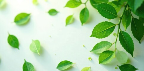 lush green leaves scattered on a white surface, nature photography, verdant
