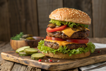 A Delicious Stacked Hamburger Featuring a Sesame Seed Bun, Two Juicy Patties, Cheese, Lettuce, Tomatoes, Pickles, and Sauces
