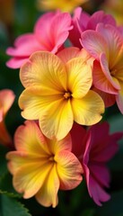 Fototapeta premium Primula flowers in shades of pink and yellow bloom, primula, colorful, yellow