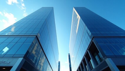 Obraz premium Futuristic business center with glass facades reflecting a bright blue sky.