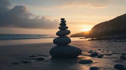 Stone Tower On Beach At Sunset With Mountain And Ocean In Background Tranquil Scene