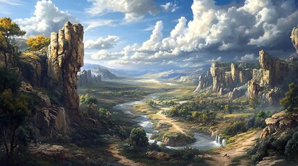 A wild and rugged canyon with towering rock formations, a meandering river, and the sky filled with dramatic clouds