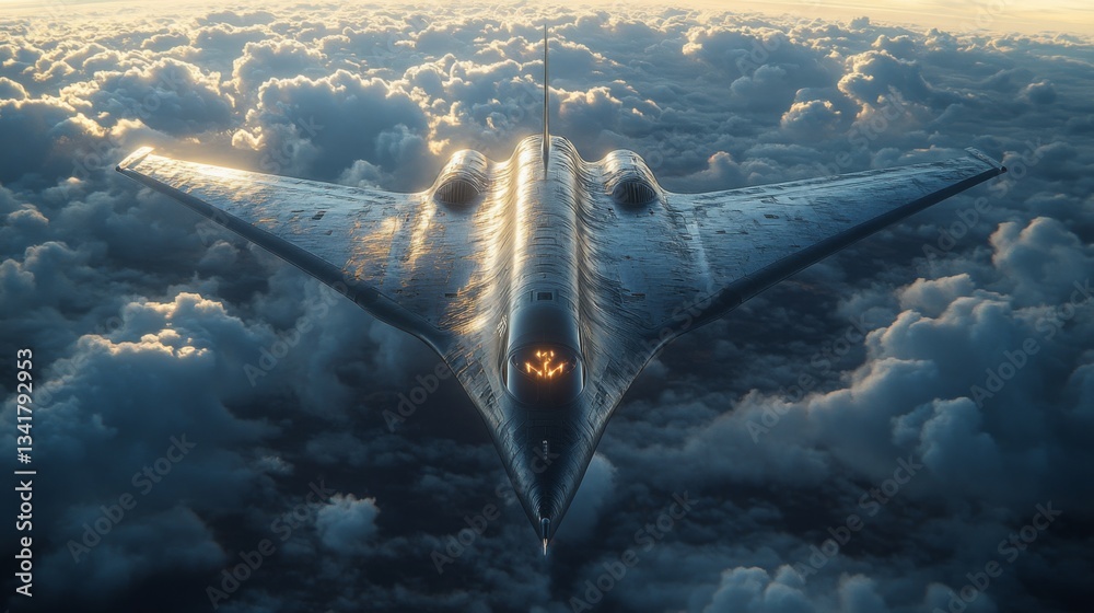 Poster an advanced hypersonic spaceplane glides through the clouds, showcasing cutting edge propulsion tech