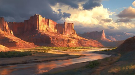Naklejka premium A wild and rugged canyon with towering rock formations, a meandering river, and the sky filled with dramatic clouds
