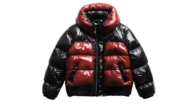 Padded winter jacket with black and red glossy panels