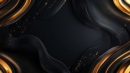 Abstract black and gold background with smooth curving lines and gold glitter accents