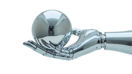 Chrome robot hand delicately holds a shining silver sphere object