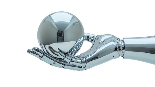 Chrome robot hand delicately holds a shining silver sphere object