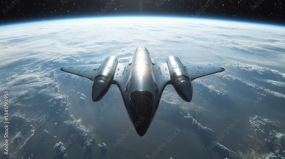Poster a sleek spaceplane soars high above the earth's surface, showcasing cutting edge propulsion systems 